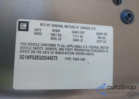 2002 Chevrolet Impala from USA, damaged, VIN 2G1WF52E329344373